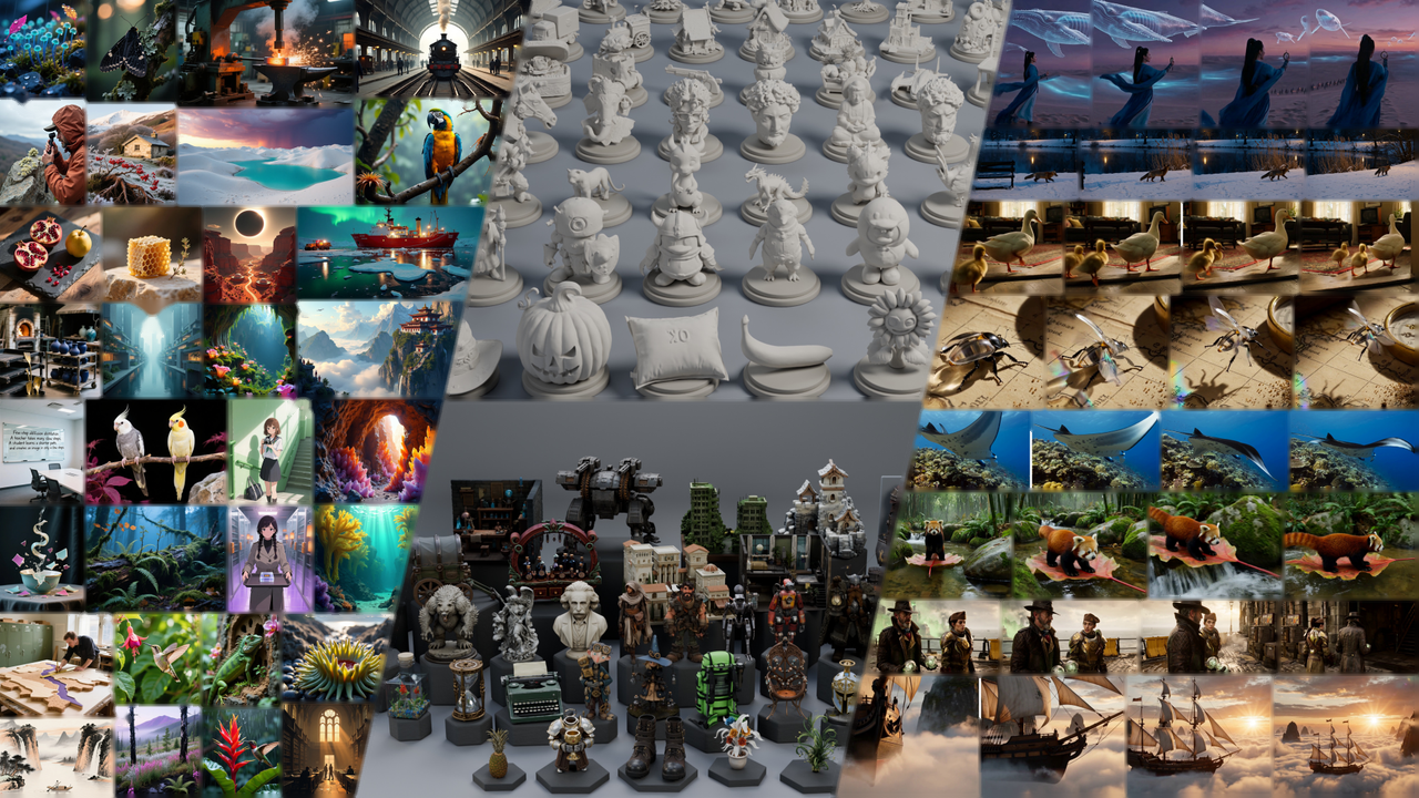 SMD examples across image, 3D, and video generation